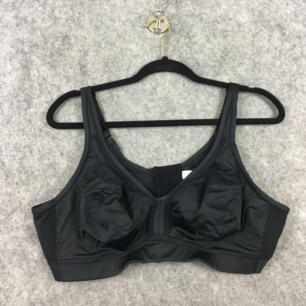 Cacique Bra 44C Wire Free Solid Black V Neck Mesh Satin Nylon Wireless Smoothing